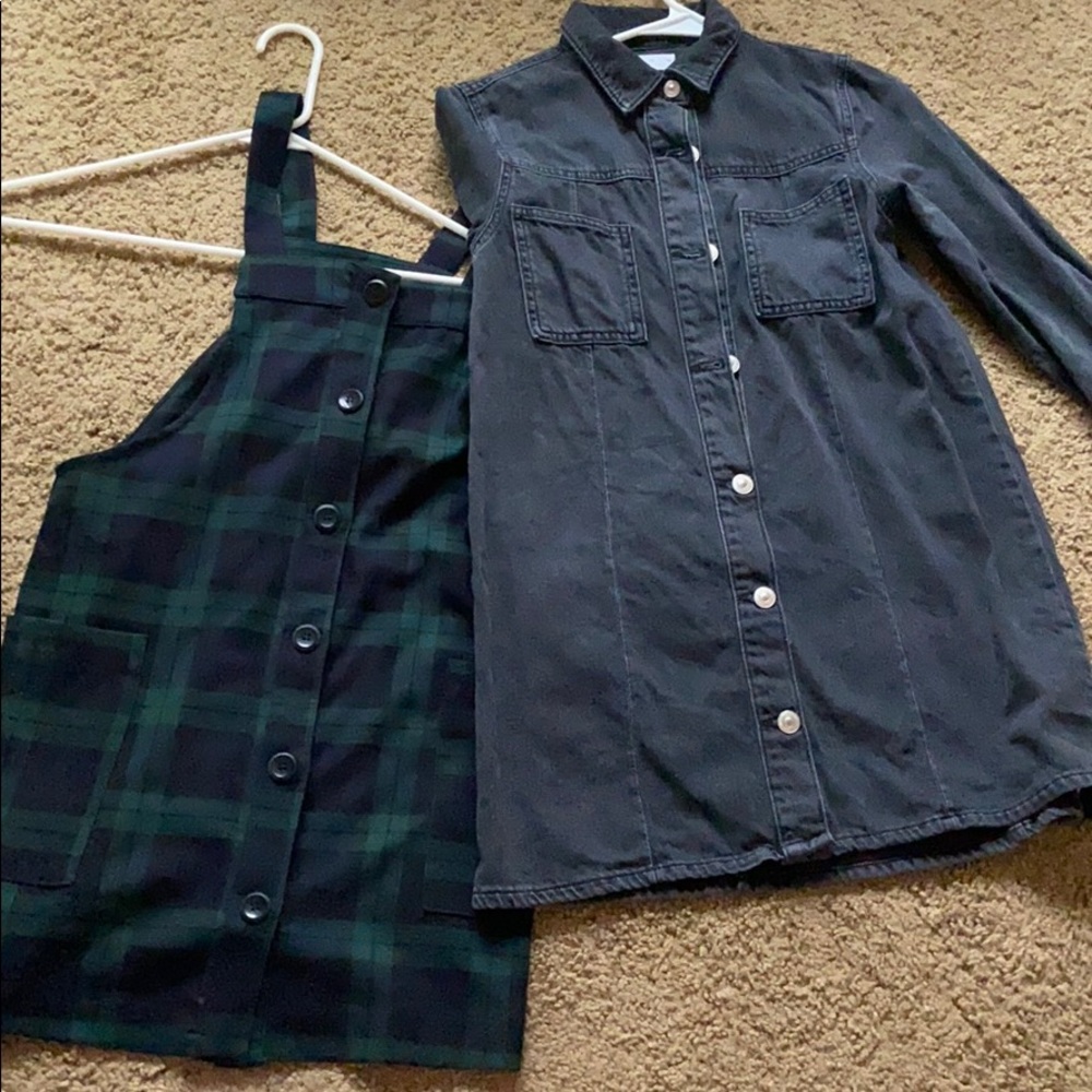 ZARA/2/NEW/DRESS/black denim/forest green plaid/